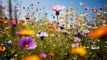 levendig wilde bloemen weide in zomer met geel en Purper foto