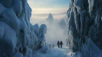 winter wandelen avontuur Aan majestueus bevroren foto