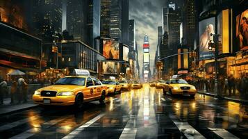 geel taxi's stormloop door stad straten Bij schemering foto