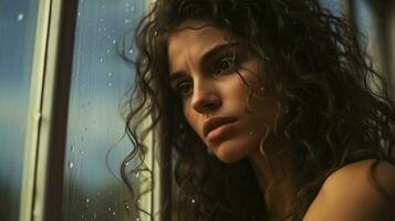 jong volwassen vrouw op zoek door venster regendruppel reflecteren foto