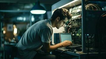 jong volwassen werken Aan computer uitrusting binnenshuis foto