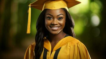 jong Afrikaanse vrouw glimlachen in diploma uitreiking japon foto