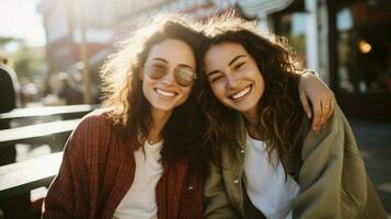 jong Dames glimlachen op zoek Bij camera buitenshuis in gewoontjes foto