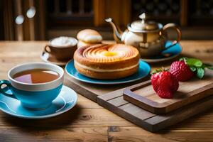 aardbei taart en thee Aan houten tafel. ai-gegenereerd foto