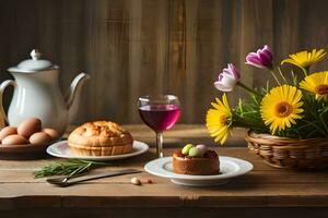 nog steeds leven met bloemen en taart Aan houten tafel. ai-gegenereerd foto