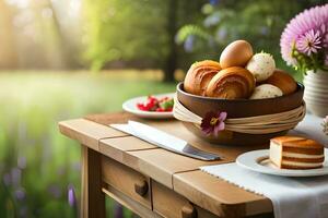 een tafel met een kom van brood, taart en bloemen. ai-gegenereerd foto