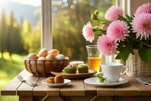 een tafel met een mand van bloemen, eieren en een kop van koffie. ai-gegenereerd foto