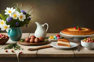 een tafel met bloemen, eieren en taarten. ai-gegenereerd foto