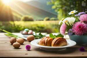 Pasen ontbijt met bloemen en eieren Aan een tafel. ai-gegenereerd foto