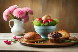 Pasen eieren, cupcakes en bloemen Aan een houten tafel. ai-gegenereerd foto