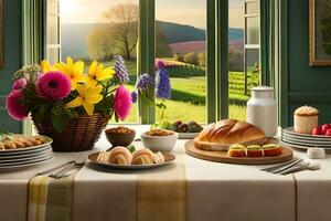 een tafel reeks met voedsel en bloemen in voorkant van een venster. ai-gegenereerd foto