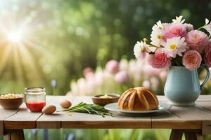 een tafel met bloemen en een taart Aan het. ai-gegenereerd foto
