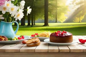 een tafel met een taart, fruit en bloemen Aan het. ai-gegenereerd foto