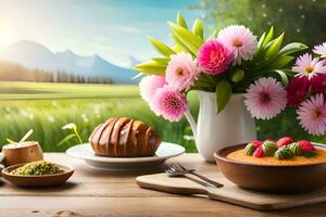 lente ontbijt met bloemen en brood Aan houten tafel. ai-gegenereerd foto