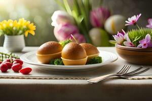 Pasen eieren Aan een bord met bloemen en een vork. ai-gegenereerd foto