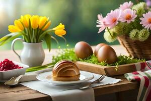 Pasen ontbijt met eieren, brood en bloemen. ai-gegenereerd foto