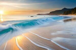 een mooi zonsondergang over- een strand met golven. ai-gegenereerd foto