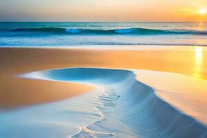 een strand met golven en zand Bij zonsondergang. ai-gegenereerd foto