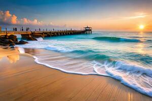 zonsondergang Bij de pier in Miami strand, Florida. ai-gegenereerd foto