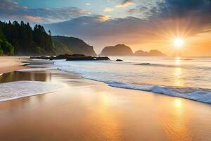 zonsondergang Aan de strand in Oregon. ai-gegenereerd foto