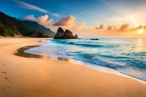 een mooi strand met golven en zon instelling. ai-gegenereerd foto