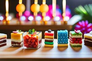 een rij van kleurrijk cakes met kaarsen in de achtergrond. ai-gegenereerd foto