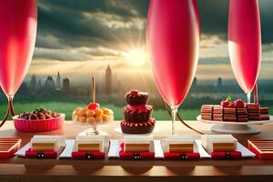een tafel met desserts en ballonnen Aan het. ai-gegenereerd foto