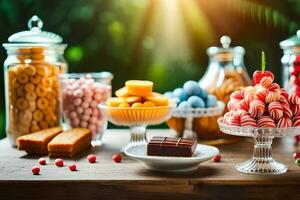 divers types van snoepgoed en snoepjes Aan een tafel. ai-gegenereerd foto