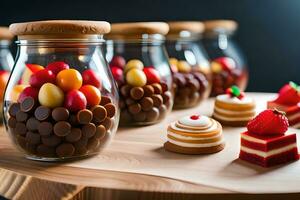 meerdere potten gevulde met verschillend types van desserts. ai-gegenereerd foto