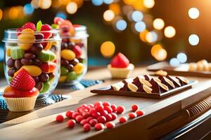 een tafel met fruit en desserts Aan het. ai-gegenereerd foto