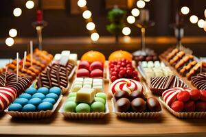 een tafel met veel verschillend types van chocolaatjes. ai-gegenereerd foto