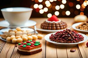 Kerstmis snoepgoed Aan een tafel met een kop van koffie. ai-gegenereerd foto