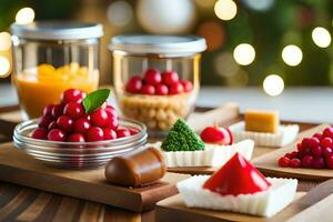 Kerstmis desserts in potten Aan een tafel. ai-gegenereerd foto