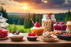 een tafel met divers desserts en andere voedsel. ai-gegenereerd foto