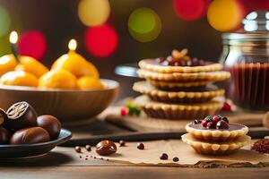 Kerstmis desserts Aan een tafel met kaarsen. ai-gegenereerd foto