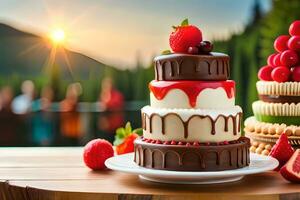 een taart met chocola en aardbeien Aan top. ai-gegenereerd foto