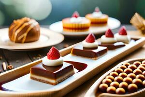 een tafel met divers desserts en snoepjes. ai-gegenereerd foto