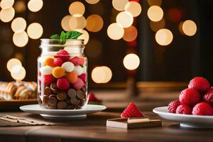 een pot van chocola gedekt aardbeien en een bord van chocola gedekt aardbeien. ai-gegenereerd foto