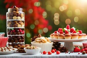 Kerstmis toetje tafel met cupcakes, koekjes en andere snoepgoed. ai-gegenereerd foto