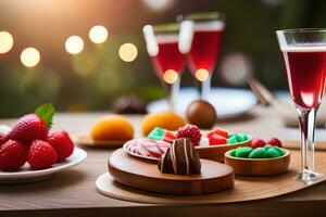 een tafel met twee bril van rood wijn en aardbeien. ai-gegenereerd foto