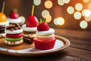 een bord met cupcakes en aardbeien Aan het. ai-gegenereerd foto