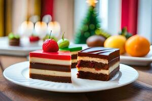 twee stukken van taart Aan een bord met een Kerstmis boom in de achtergrond. ai-gegenereerd foto