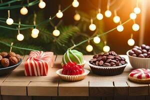 Kerstmis desserts Aan een tafel met lichten. ai-gegenereerd foto