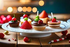 een bord met cupcakes en aardbeien Aan het. ai-gegenereerd foto