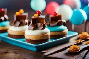 klein cakes met glimmertjes en snoep Aan een blauw bord. ai-gegenereerd foto