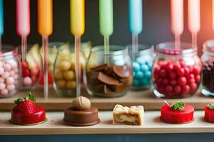 divers snoepjes en desserts in potten Aan een tafel. ai-gegenereerd foto