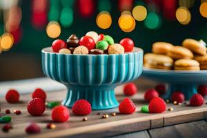 een kom van fruit en koekjes Aan een tafel. ai-gegenereerd foto