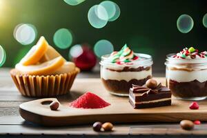 Kerstmis desserts in potten Aan een houten tafel. ai-gegenereerd foto