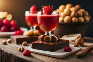 een glas van chocola en aardbeien Aan een tafel. ai-gegenereerd foto