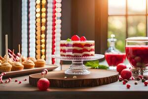 Kerstmis toetje Aan een tafel met rood en wit decoraties. ai-gegenereerd foto